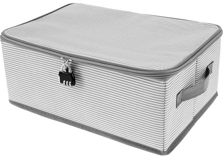 QINGLANG Foldable Fabric Storage Box with Zipper Lid Lockable Garment Bedding Storage Basket Organiser Combination Lock Box Stackable Cubes Lock Boxs for Wardrobe Shelf 38×26×15cm(Grey)