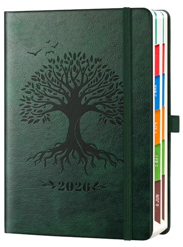 Smarpau 2026 Diary A5 Page a Day, Full Year Daily Planner from Jan.25 - Dec.25 with Colorful Monthly Tabs&Pen Loop, Hardcover A5 Diary, 5.9 × 8.5- Deep Green