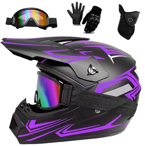Casque de Motocross pour Jeunes Enfants avec Lunettes, Gants, Masque, Moto Tout-Terrain, VTT, BMX, Descente, VTT, Quad, Homologué Dot(Style Purple,M(54-55cm))