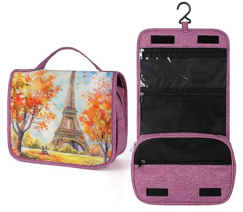 Borsa da toilette da appendere con torre Eiffel ad acquerello, borsa da viaggio per cosmetici, organizer per trucchi per donne e uomini, portabilità multi-scomparto