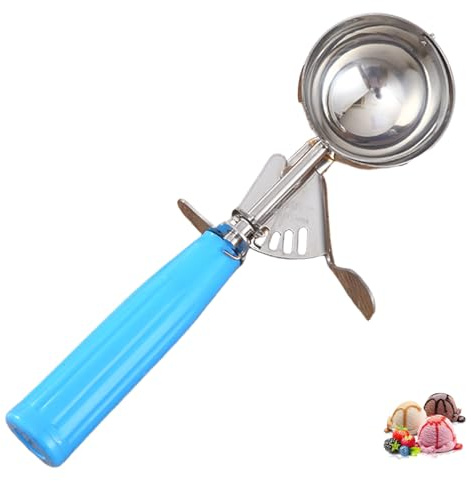 Cuchara para helado con mango azul Cuchara para porciones de 8, 6 pulgadas de largo y 1, 9 oz, cucharas para galletas fáciles de usar de acero inoxidable para hornear alimentos, masa para magdalenas