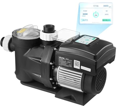 VEVOR Poolpump 1 100 W variabel hastighet 1150 till 3 600 rpm, filterpump för pool, maximalt flöde 26 000 l/h, AC 220–240 V, maximal urladdningshöjd 15 m med timer