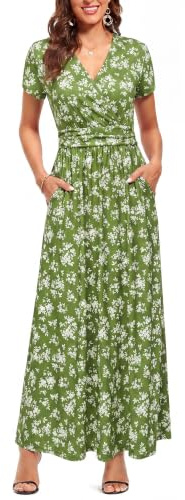OUGES Women's Summer Spring Maxi Dress V Neck Short/Long Sleeve Ladies Casual Long Wrap Dress with Pockets