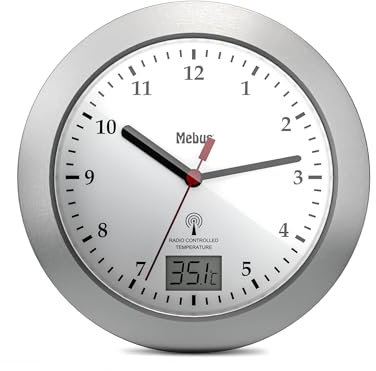 Funk-Badezimmeruhr, Digitale Temperaturanzeige, Aluminiumrahmen, Saugnäpfe, weißes Zifferblatt, Modell 41124 - Praktisch und wasserdicht, Weiß