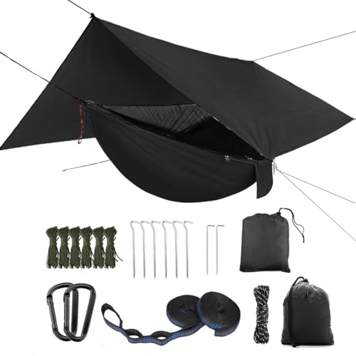 YCD Oversized rain Rope tarp and Camping Hammock with Mosquito net, Portable Single Double Hammock with Tree Strap Hammock Set for Camping, Backpacking hikes, Outdoor Backyard（Black）