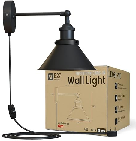Plug in Wall Light Indoor 18 cm Black Adjustable 4m Cable Wall Lamps | Plug in Wall Cone lights for Bedroom, Wall Mounted Beside Wall Lights for Reading Room Cupboard Kitchen Desk Picture, No Bulb