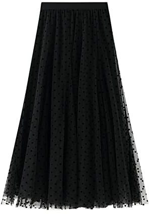 SotRong - Gonna pieghettata in tulle a strati da donna, gonna elastica a vita alta, a trapezio, gonna midi in chiffon a rete con decorazione floreale, D-Nero, Taglia unica