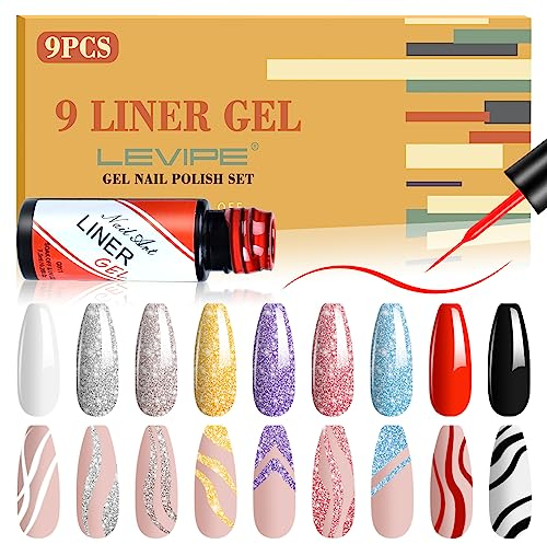 LEVIPE Juego de Esmaltes de Uñas de Gel Pintado, Gel de Arte Lineal, 9 Colores Negro Blanco Rojo, Champán Azul Plata Oro Púrpura Purpurina, Arte de Uñas, Pintura de Gel, Herramientas de Manicura