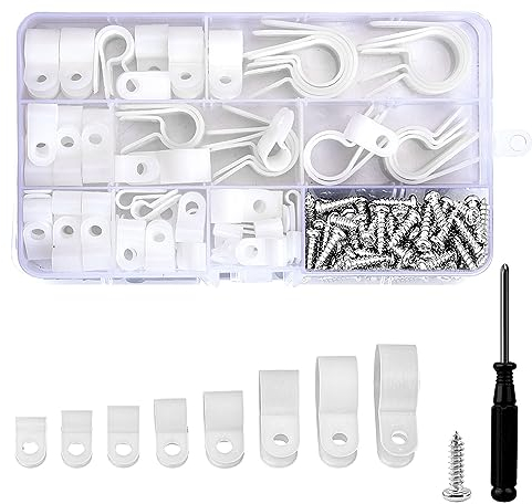 DesertBoy 151 Stück / 8 Größen Nylon R Clip,R Typ Cable Clip,kabelklemmen mit Schrauben und Schraubendreher für Büro und Zuhause Draht Kabelführung Befestigungsclips（Weiß）