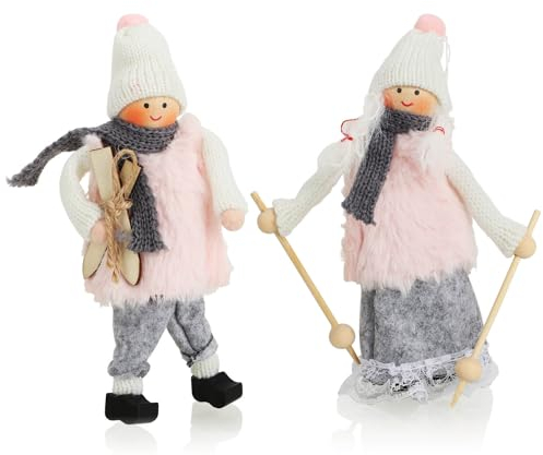 com-four® 2x figure natalizie premium - decorazioni natalizie appendiabiti - simpatica coppia di figure di sciatori - articoli decorativi invernali (2 pezzi - sciatore - rosa + grigio)