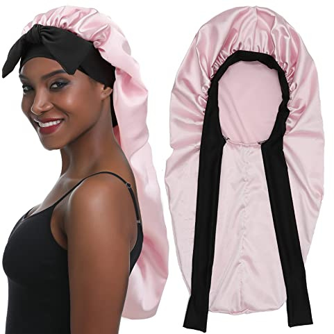 SENGTERM Gorro de Satén Largo Ajustable para Dormir, Rosa, L-XL