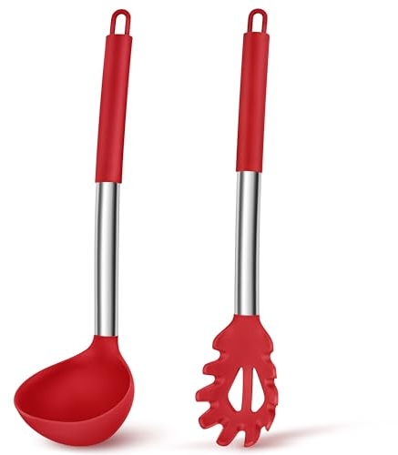 Joyfair Set di mestoli e cucchiai per spaghetti, 2 pezzi, in silicone, con manico in acciaio inox, per cucinare/mescolare/servire/scarico, sano e antiaderente, lavabile in lavastoviglie – rosso