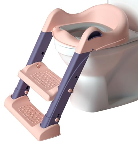 Töpfchentrainer Toilettensitz Mit Treppe Fur Madchen Süß Verstellbar Toiletten-Trainer Mit Spritzschutz, Badezimmer Klappbar WC Trainer Mit Rückenlehne, Belastbar 50kg ( Color : Rosa , S : 40*37*58cm