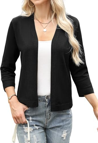 Aottori Boléro Femme Chic et Élégant Tricot Gilet Court Cardigan Manches 3/4 Veste Top pour Robe Mariage Bretelle Soirée Fête Décontracté Noir L