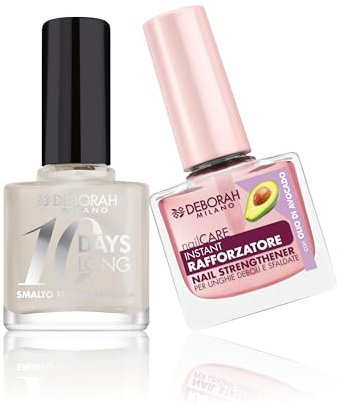 Deborah Milano -Set Smalto Trattamento Rafforzatore per Unghie Deboli e Sfaldate, 9.5ml e Smalto 10 Days Long N.21 Pearly White, Effetto Brillante a Lunga Tenuta, 11ml