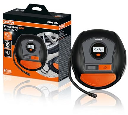 OSRAM TYREinflate 400, inflador de neumáticos digital, cable de alimentación enrollable, conexión a la red eléctrica a través de la toma de 12 V del coche, inflado de neumáticos en 3,5 minutos