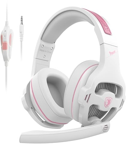 Globalsades SA726 Stereo Gaming Headset for Xbox One PS4 PS5 Controller, Over Ear Headphone with Mic Noise Cancelling Headset for PC Xbox Series (White Pink)