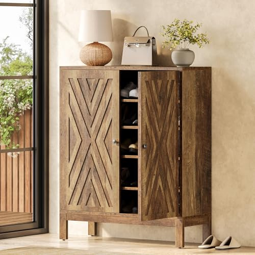 Tribesigns Shoe Cabinet with Adjustable Shelves, 5-Tier Freestanding Organizer 110cm Tall, Rustic Farmhouse Storage Unit for Entryway Hallway Living Room, Space-Saving Shoe Rack, Brown