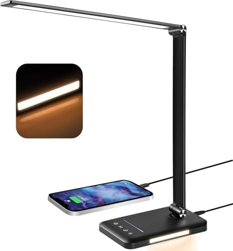 BIENSER - Lampada da Scrivania, Lampada da Tavolo a LED, 5 Colori X 10 Livelli di Luminosità Regolabili, 600LM Lampada da Lettura, Funzione di Ricarica USB, Luce Notturna, Funzione Memoria, Controllo