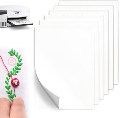 Water Soluble Embroidery Paper, 6 Sheets A4 Stick and Stitch Embroidery Stabilizer, Self Adhesive Wash Away Embroidery Backing, Printable Dissolvable Fabric Paper for Hand and Machine Embroidery