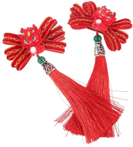 MUCKLILY Paire de Pinces à Cheveux Chinoises et Pompons en Tissu et Métal Rouges Nœud en Tissu Style Élégant Confortables à Porter, Nouvel An Chinois pour Filles