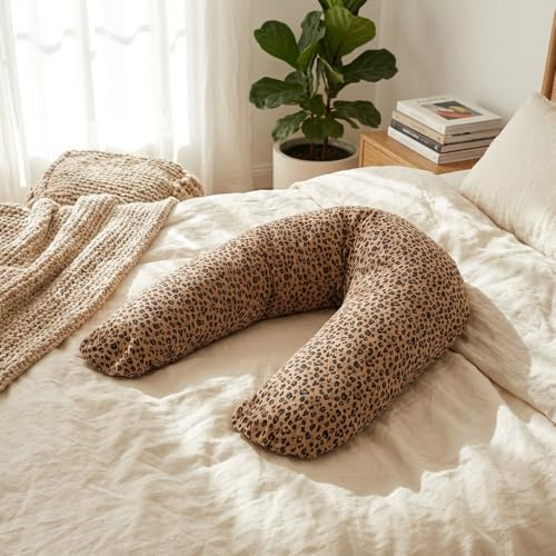 Babysom - Coussin de Maternité 3 en 1 : Grossesse, Allaitement & Repos Bébé - Housse Double Gaze en Coton - Déhoussable et Lavable - Microfibres Silencieuses - Motif Léopard - XXL