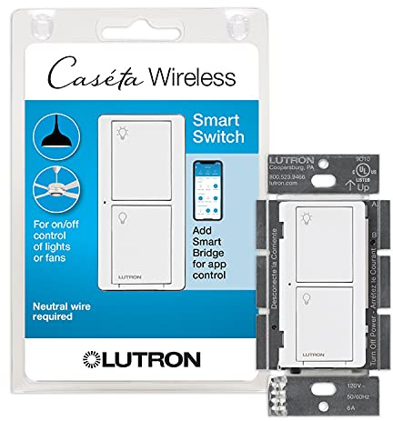 Lutron Caseta Original Smart Light Switch (Lutron Smart Hub Required), for Home, LED Lights, and Fans, 6 Amp, Single-Pole/3-Way, Neutral Required, PD-6ANS-WH, White