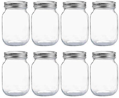 YINGERHUAN Glass Regular Mouth Mason Jars, 16 oz Clear Glass Jars with Silver Metal Lids for Sealing, Canning Jars for Food Storage, Overnight Oats, Dry Food, Snacks, Candies, DIY Projects (8PACK)