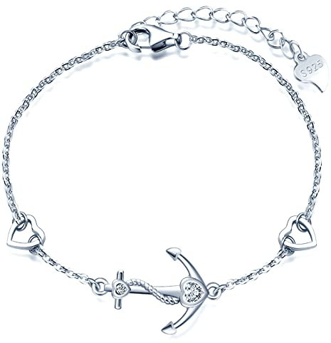 MicLee Bracciale da donna Bracciale con zircone e due cuori d'amore Bracciale con combinazione di ancore S925 Bracciale in argento Sterling Colori multipli