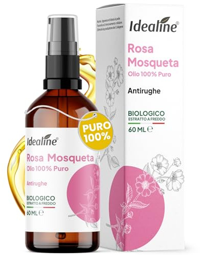 Idealine Olio di Rosa Mosqueta Puro 60ml, Olio Viso Antirughe, Nutriente e Rigenerante, Per Viso e Corpo, Antiossidante con Vitamine E, A e K, Made in Italy