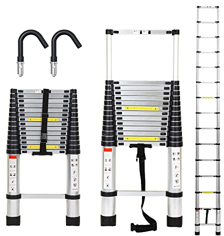 Joparri Teleskopstege i aluminium med avtagbar hake, 4,4 meter utdragbar stege, halkfri aluminiumstege, stående stege, multifunktionsstege, aluminiumstege med 150 kg lastkapacitet