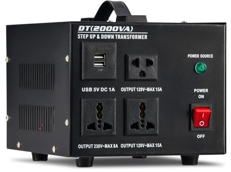 CREWORKS 2000W Voltage Converter, 220-240 Volts to 110-120V Step Up Step Down Voltage Transformer with US & Universal Outlets 5V USB Ports, UK to US Toroidal Core Power Converter with UK Standard Plug