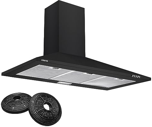 CIARRA ASB9201 Hotte Murale 90 cm Noire 370 m³/h Classe A++ - 3 Vitesses - Mode Recyclage & Évacuation - Filtres à Charbon CBCF002X2 Inclus - Design Pyramidal