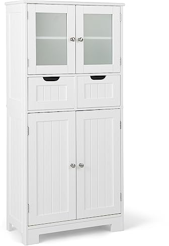 COSTWAY Bathroom Floor Cabinet, Freestanding Storage Cupboard with Tempered Glass Door, 2 Drawers and Adjustable Shelves, Wooden Floor Storage Cabinet Unit for Living Room Kitchen Hallway (White)