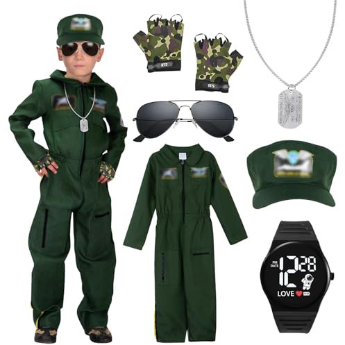 BIQIQI Kampfjet Pilot Kostüm Kinder, Jetpilot Flieger Overall Mit Uniform Kappe, Handschuhe, Sonnenbrille, Uhr Und Erkennungsmarke - Halloween Fasching Karneval Cosplay