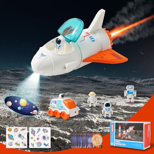 HILKKET Space Shuttle Giocattolo, Razzo Spaziale Giocattolo, Razzi e Navi Spaziali con Suoni e Luci, Giocattoli Razzo STEM con Astronauti e Lampada di Proiezione per 3 4 5 6 7 8 Anni
