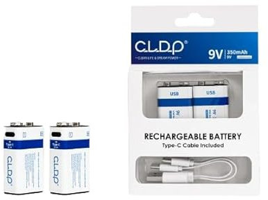 CLDP USB Rechargeable 9V Batteries // 9v // 350mAh // High-Capacity // Fast Charge // 1600+ Cycles // ZnNi // Eco-friendly // Pack of 2 + Dual-Cell USB Type-C Cable