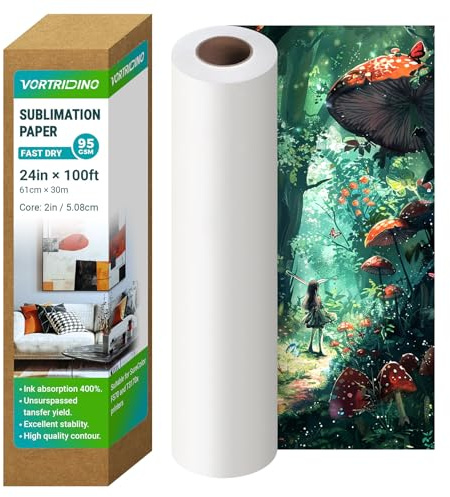 VORTRIDINO Sublimation Paper 24in x 100ft Dye Sublimation Paper Roll 2 Core Fast Dry Heat Transfer Paper 95gsm for E)*pson F570 for T-Shirts Tumblers Textiles
