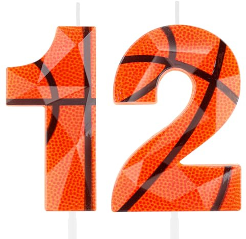 Velas 3D de baloncesto con el número 12 de cumpleaños, color naranja, vela de cumpleaños número 12, cera de primera calidad y diseño de diamante 3D, decoración de pastel con temática de baloncesto