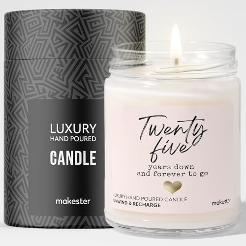 25th Wedding Anniversary Candle Gift - Luxury Soy Wax - Vanilla, Jasmine, Sugared Almond - Makester