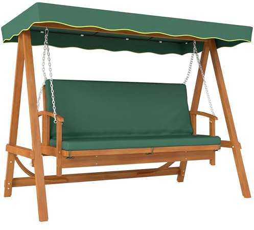 Outsunny 2 in 1 Hollywoodschaukel mit Liegefunktion, 3-Sitzer Gartenschaukel aus Holz, Holzschaukel mit Sonnendach Sitzauflage, Schaukelbank bis 330kg, für Garten, Terrasse, 236x130x181 cm, Dunkelgrün