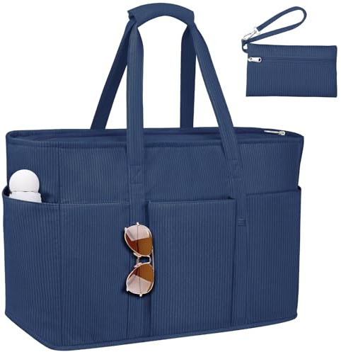 JUYANO XXL Familj Stor Strandväska med Dragkedja - Mesh Shopper Väska för Kvinnor - Axelväska för Resor, Shopping, Gym - 50 x 20 x 35 cm, Mörkblå, L