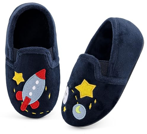 MK MATT KEELY Boys Slippers Kids Cosy House Slipper Toddlers Space Style Slip On Barefoot Slippers,Navy,7.5/8 UK Child