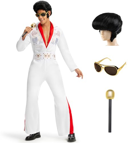Ulikey Déguisement Elvis Homme, 6 Pièces Deguisement Disco Homme avec Perruque Elvis, Lunettes de Soleil, Micro, Écharpe Rouge, Costume Disco Années 70 pour Carnaval, Soirée Cosplay