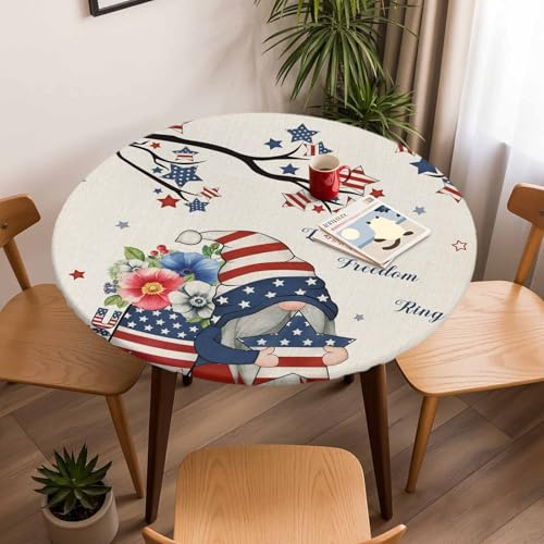 Chucoco Round Fitted Tablecloth with Elastic Edged, Independence Day Dwarfs Fitted Circle Tables Cover Wipeable Waterproof Table Cloth for Indoor Outdoor Use Tabletop Decor Opium Poppy on Retro Linen