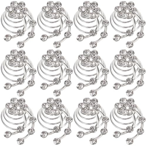 12 Pièces Torsades Cheveux Mariage en Alliage Argenté Orné de Cristaux | Coiffures de Fête, Lot de 12, Finition Spirale, Bijoux Capillaires pour Femmes