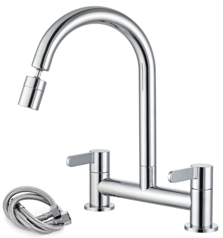 Peppermint Kitchen Sink Mixer Taps 2 Hole 180MM with 80° Adjustable Aerator | Solid Brass Bridge Kitchen Mixer Tap Dual Lever, Deck Mounted 360° Swivel Spout, Stream & Spray 2 Function, Polished Chrome