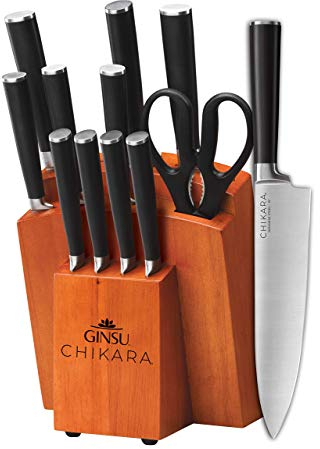 Ginsu Chikara Series Forged 12-Piece Japanese Knife Set, Black - Premium Cutlery Set with 420J Stainless Steel Kitchen Knives and Toffee Bamboo Block