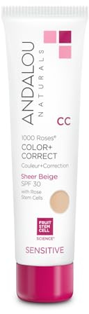 Andalou Naturals 1000 Roses CC Color + Correct with SPF 30, Sheer Beige, 2-in-1 Face Sunscreen + CC Cream for Sensitive Skin, Helps Correct Uneven Skin Tone, Reef Safe Sunscreen, 2 Fl Oz