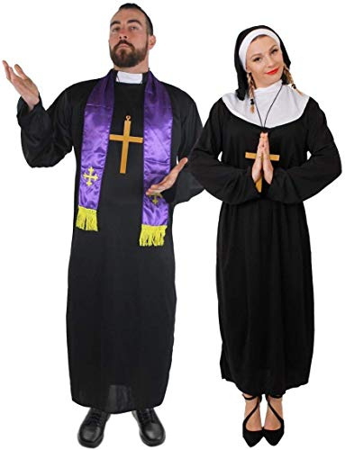 COUPLES COSTUMES PRIEST & NUN FANCY DRESS - MENS BLACK PRIEST ROBE & PURPLE SCARF + LADIES NUNS BLACK TUNIC WITH WHITE COLLAR & BLACK COWL + BELT + GOLD CROSS BY ILOVEFANCYDRESS® (LADIES SMALL + MENS XLARGE)